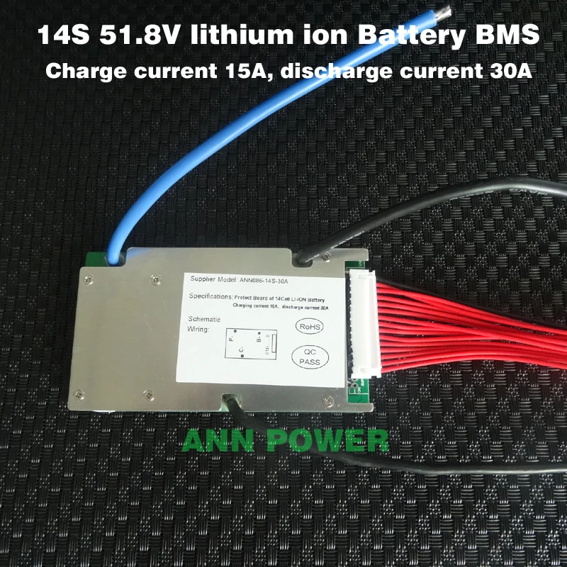 Free Shipping! 51.8V lithium ion battery bms 3.7V 14S 30A BMS with the balance function Different charge and discharge port