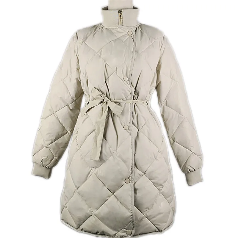 Sanishroly-Abrigo Midi de plumón de pato para mujer, chaqueta ultraligera de cuello alto con cinturón, color blanco, para otoño e invierno, SE655