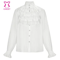 Steampunk White Lace Ruffled Stand Collar Long Sleeve Victorian Vintage Shirt Men Gothic Renaissance Medieval Shirt Plus Size