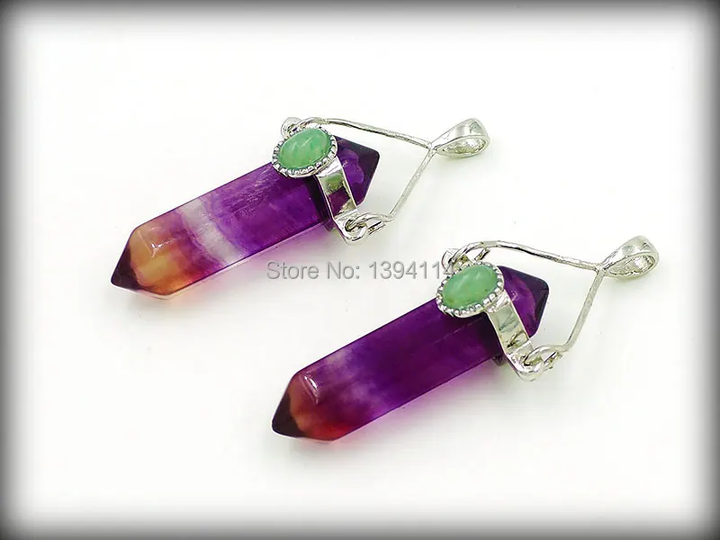 Natural Fluorite Point Hexagon Pillar Gluing Pendant Brass Swing Clasp Of Plating Platina Approx 45*8mm