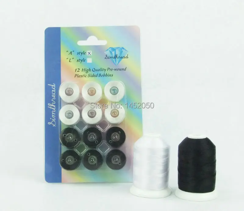 New Arrival Type A 12pcs Pre-wound Plastic Bobbins Embroidery Thread + Polyester Embroidery Thread 2 spools, 1000M Each