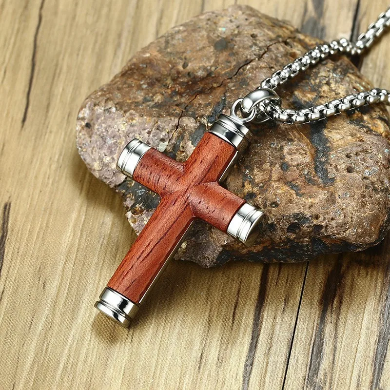 

Noble Mens Cross Pendant Necklace in Rosewood and Stainless Steel Crucifix Male Spiritual Jewelry Christian Gifts 24 inch