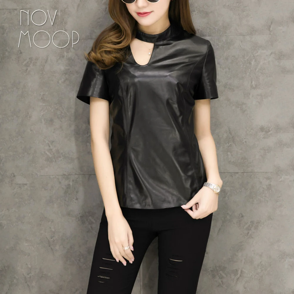 Korean style women black genuine leather real lambskin spliced t shirts and tops short sleeve hollow out slim camise ropa LT2308