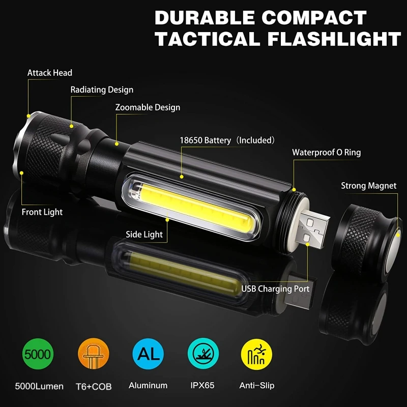 Multifunctional LED Flashlight USB Rechargeable battery Powerful T-6 torch Side COB Light linterna tail magnet Work Light