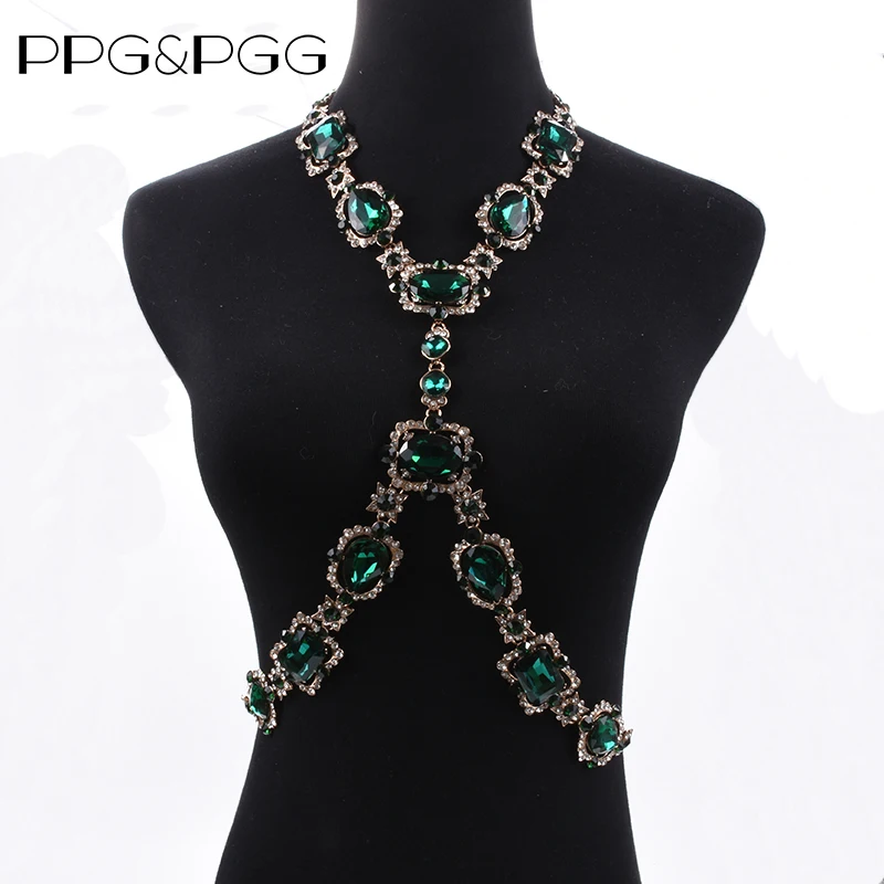 2024 New Fashion Big Glass Waist Chain Body Chains Necklace Jewelry Women Indian Statement Long Crystal Rhinestones Necklace