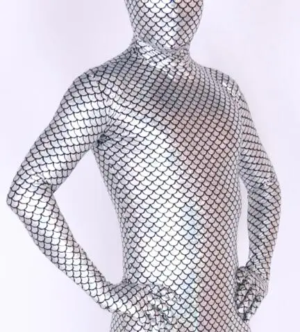 Halloween cosplay catsuit kostüm silber farbe fisch-skala muster strumpfhosen overall voller Bodysuit Zentai Anzüge Phantasie