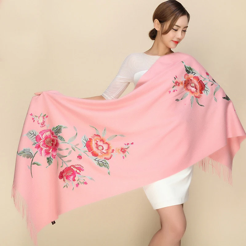 النساء التطريز الكشمير وشاح الشتاء شرابة الأزهار الباشمينا الحجاب الزهور الأوشحة السميكة طويلة الدافئة شالات المرأة الأوشحة الدافئة #2