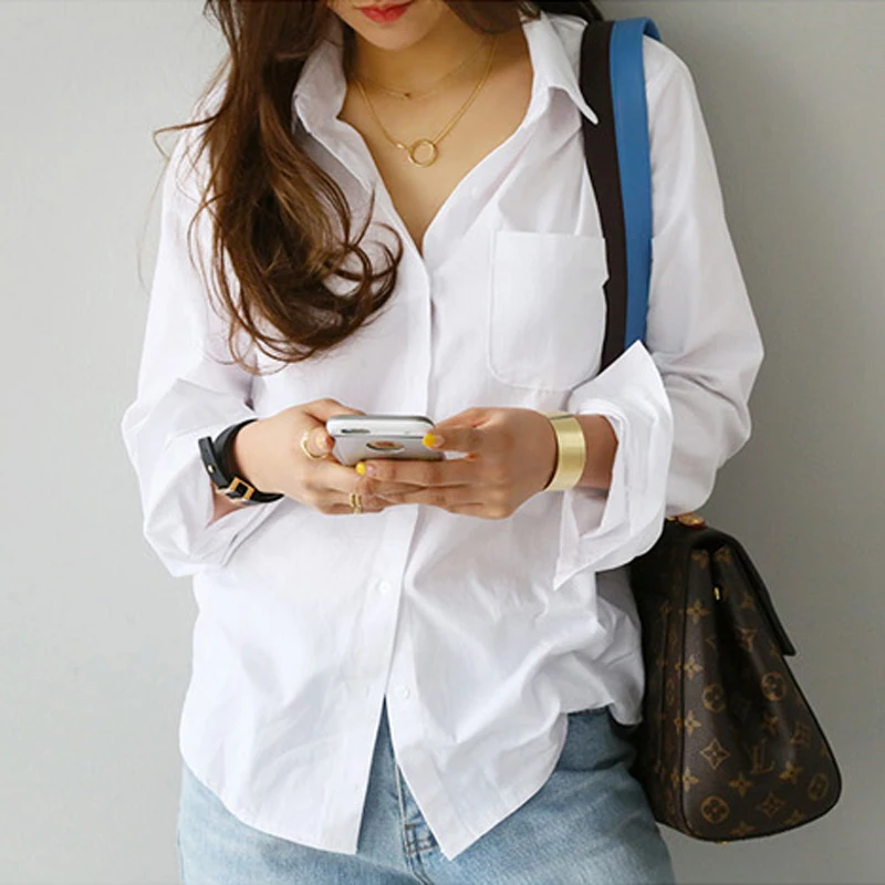 BGTEEVER Single Pocket White Women's Shirt Feminine Blouse Top Long Sleeve Casual Turn-down Collar OL Style Female Loose Blouses