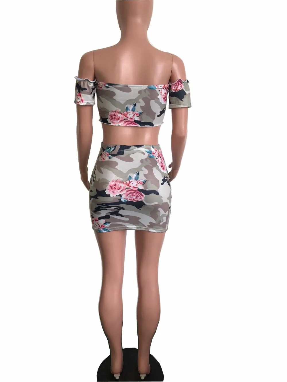BKLD Women Two Pieces Sets Slash Neck Off The Shoulder Crop Top Floral Print Two Piece Set Skirt Women Casual Camouflage Outfits