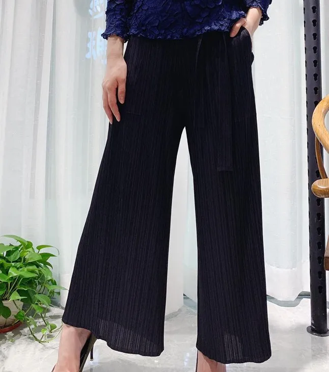 

HOT SELLING Miyake Fashion fold solid drawstring pleated straight long pants IN STOCK