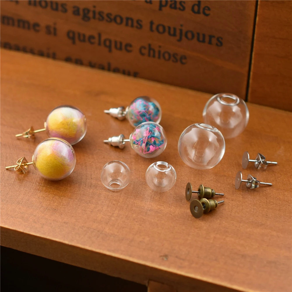 1pair Hollow Glass Ball With Ear Studs Stainless Steel Earrings Wire Set Orb Earring Glass Bottle