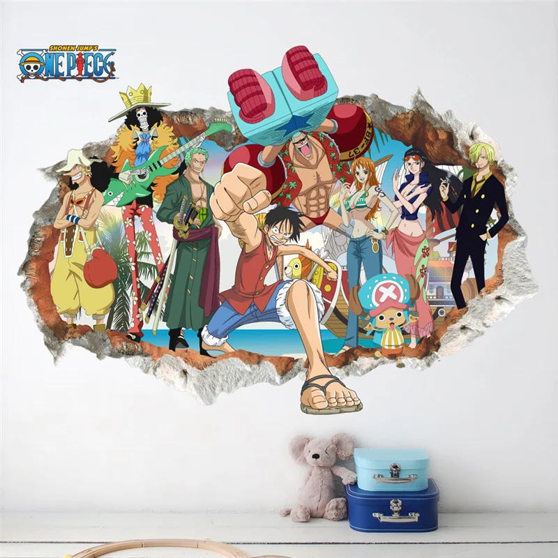 Cartoon One Piece Roles Broken Hole 3d Wall Stickers For Kids Room Home Decoration Anime Mural Art Diy Boys Wall Decals