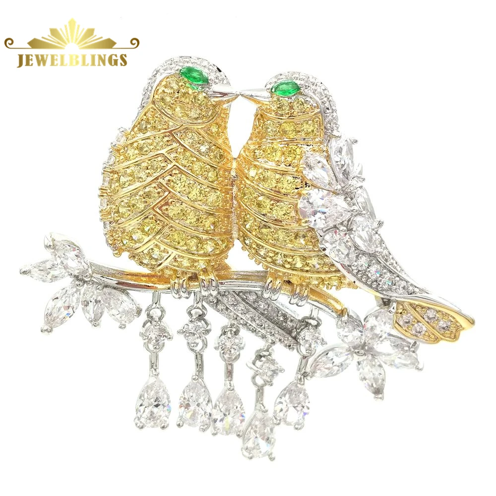 

Gorgeous Teardrop Short Tassel Pave CZ Green Eyes Double Yellow Love Bird Brooches Pins Valentine's Day Gift Jewelry for Her