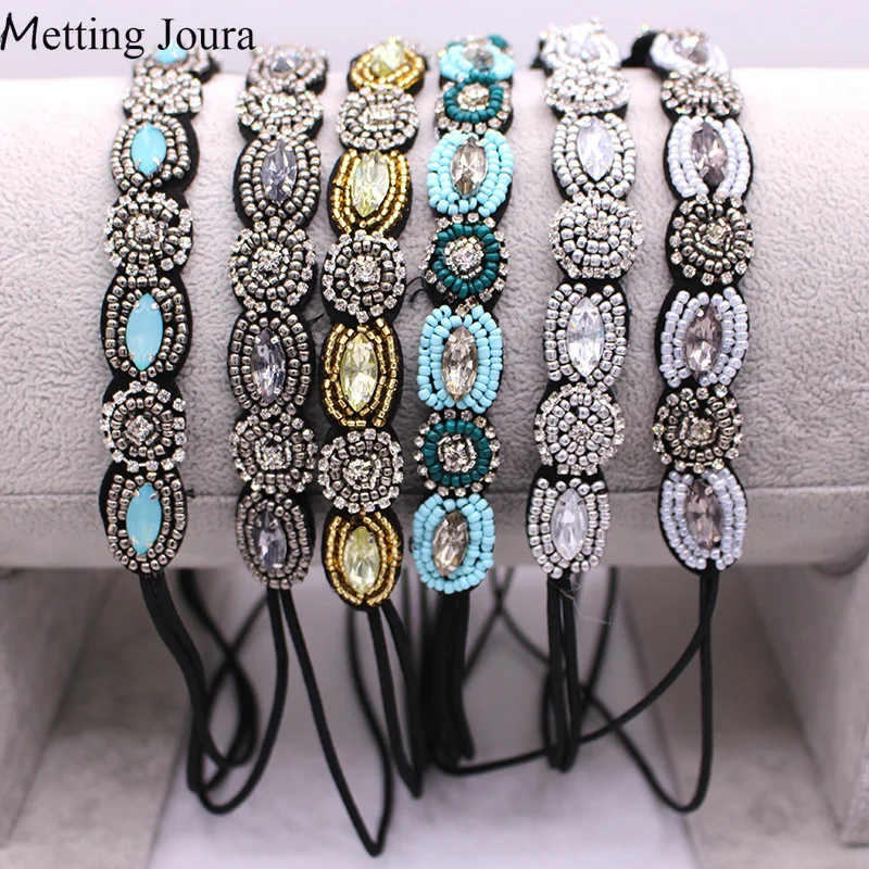 Metting Joura Vintage czeski etniczne koraliki Handmade pałąk Party czeski Rhinestone elastyczna opaska do włosów akcesoria do włosów