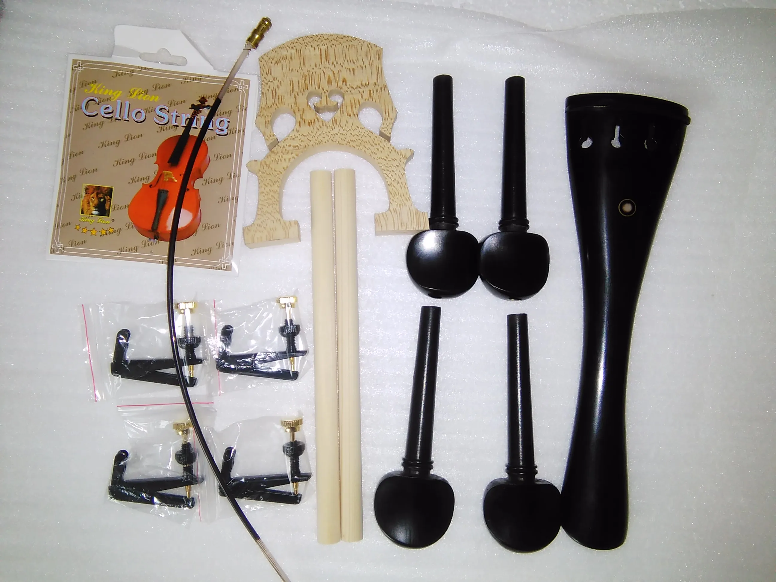 

1Set Cello Parts Ebony Parts Rose Wood Cello Fitting 4/4 String Nylon Gut Fine Tuners Bridge All In 4/4