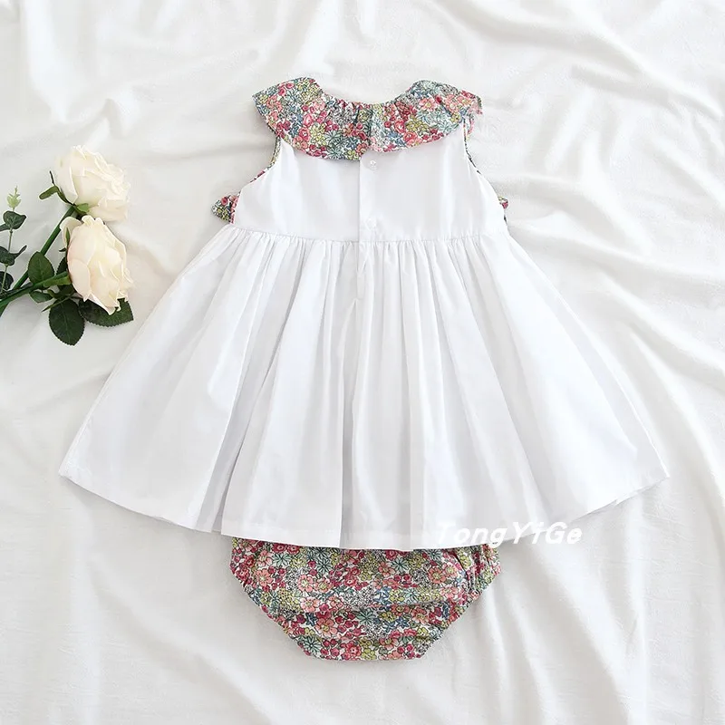 2PCS Baby Girls Summer Vintage Spanish Floral Flower Bow Princess Dress with Pants White Casual Dress for Baby Girls 100% Cotton