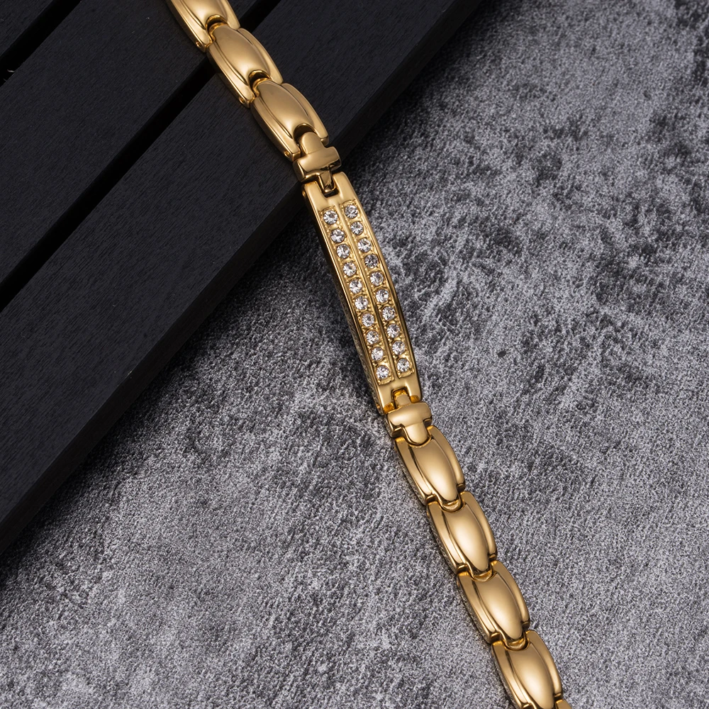 Vinterly Energy Magnetic Bracelets for Women Gold Color Crystal Chain Link Bracelets Stainless Steel Germanium ID Bracelet Femme