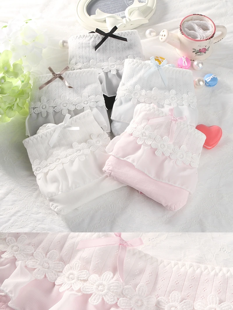 زائد حجم المرأة القطن ملخصات مع عالية الخصر الدانتيل القوس زهرة لطيف سراويل Vs الوردي Kawaii الملابس الداخلية كبيرة الحجم الكثير سراويل 3 قطعة #6