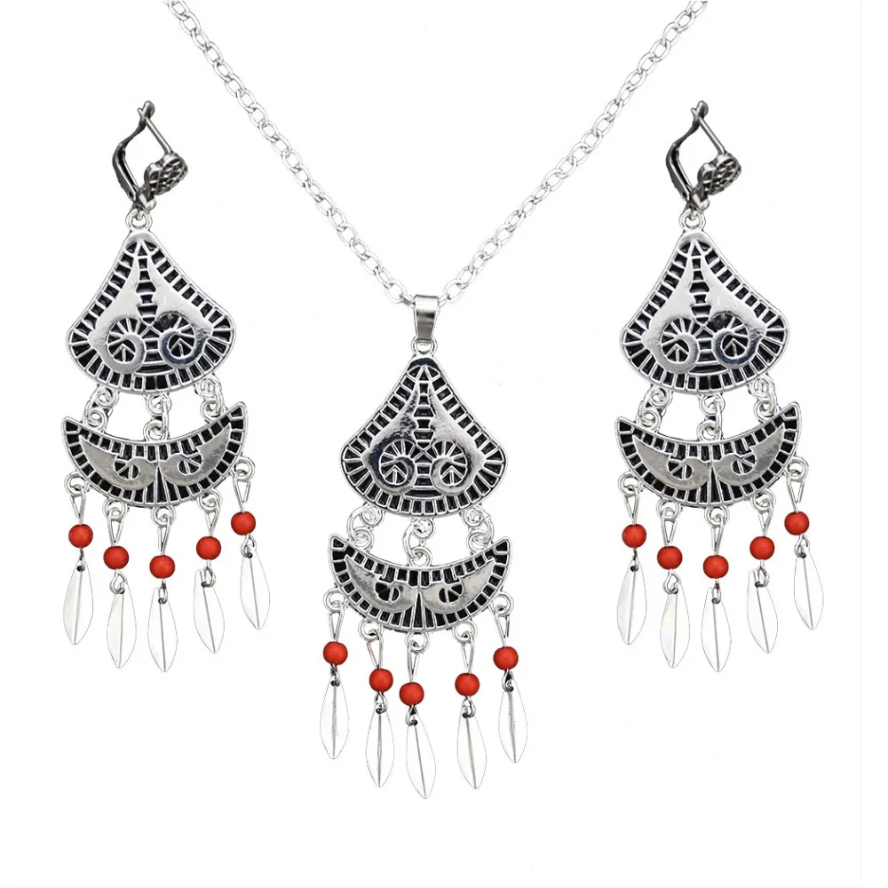 4 Styles Vintage Metal Green Red Beads Pendant Necklace Earrings Sets for Women Boho Turkish Charming Jewelry Set