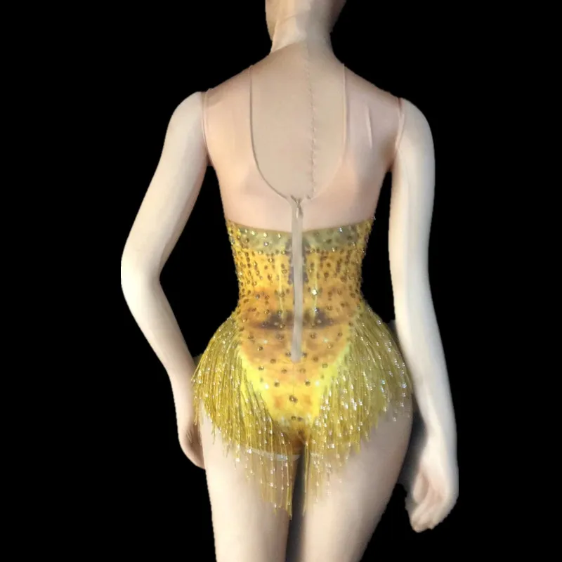 Sexy Nightclub Prom Dancing Costume One-piece Outfit Sparkly Gold Tassel Rhinestones Bodysuit Performance Stage Dance Wear