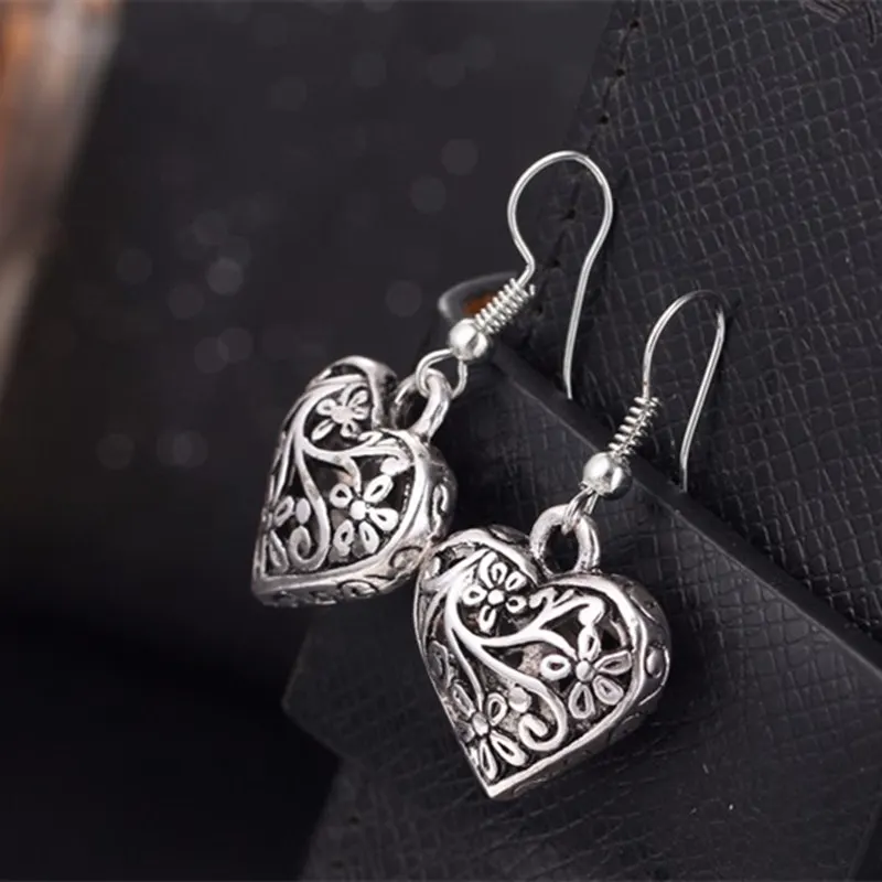 LUBOV Hollow Out Heart Drop Earring for Women Retro Vintage Flower Dangle Earrings Antique Tibetan Silver Jewelry New Arrival