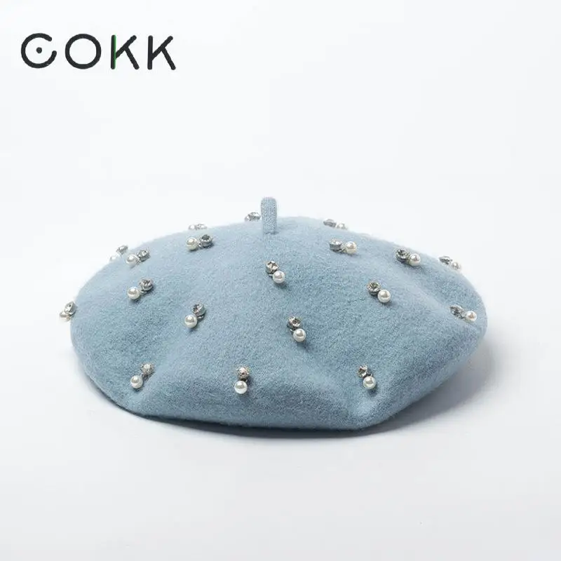 

COKK Wool Beret Women Hat Autumn Winter Handmade Full Rhinestone Pearl Beads Lady Beret Cap Hat Female Korean Painter Cap