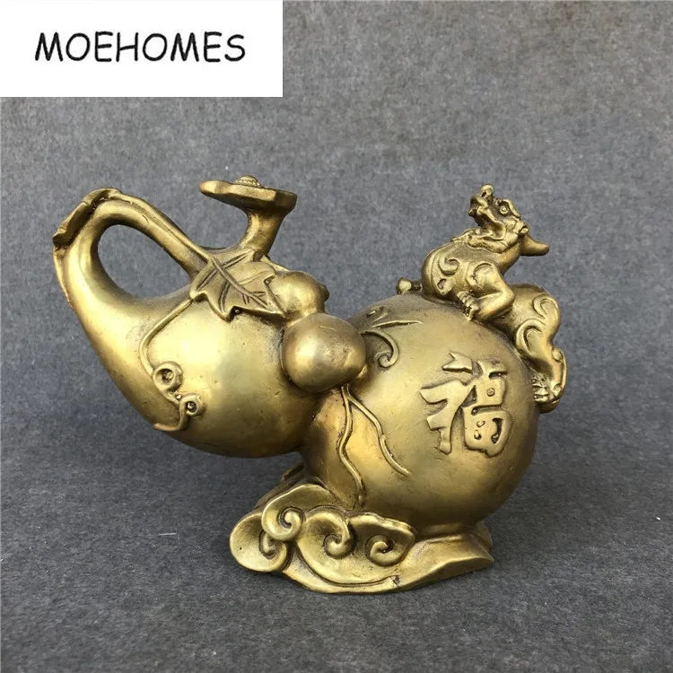 Chinese Folk brass Carved FengShui Gourd Cucurbit lucky Statue-Dispel evil bring peace mascot home decoration metal handicraft