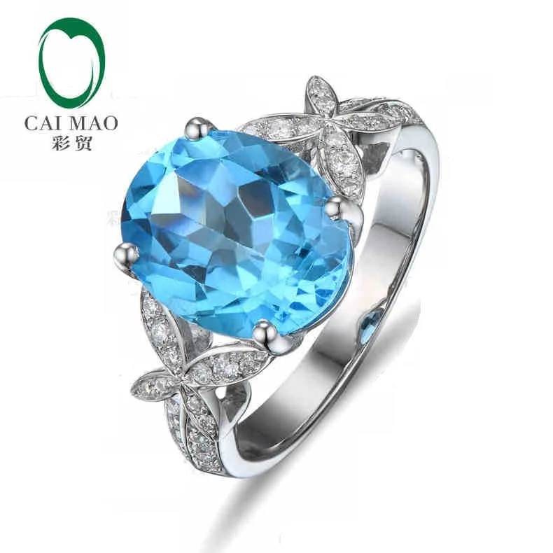 

CaiMao 14K White Gold 4.3 ct Natural Blue Topaz & 0.22 ct Round Cut Diamond Engagement Gemstone Wedding Ring Jewelry