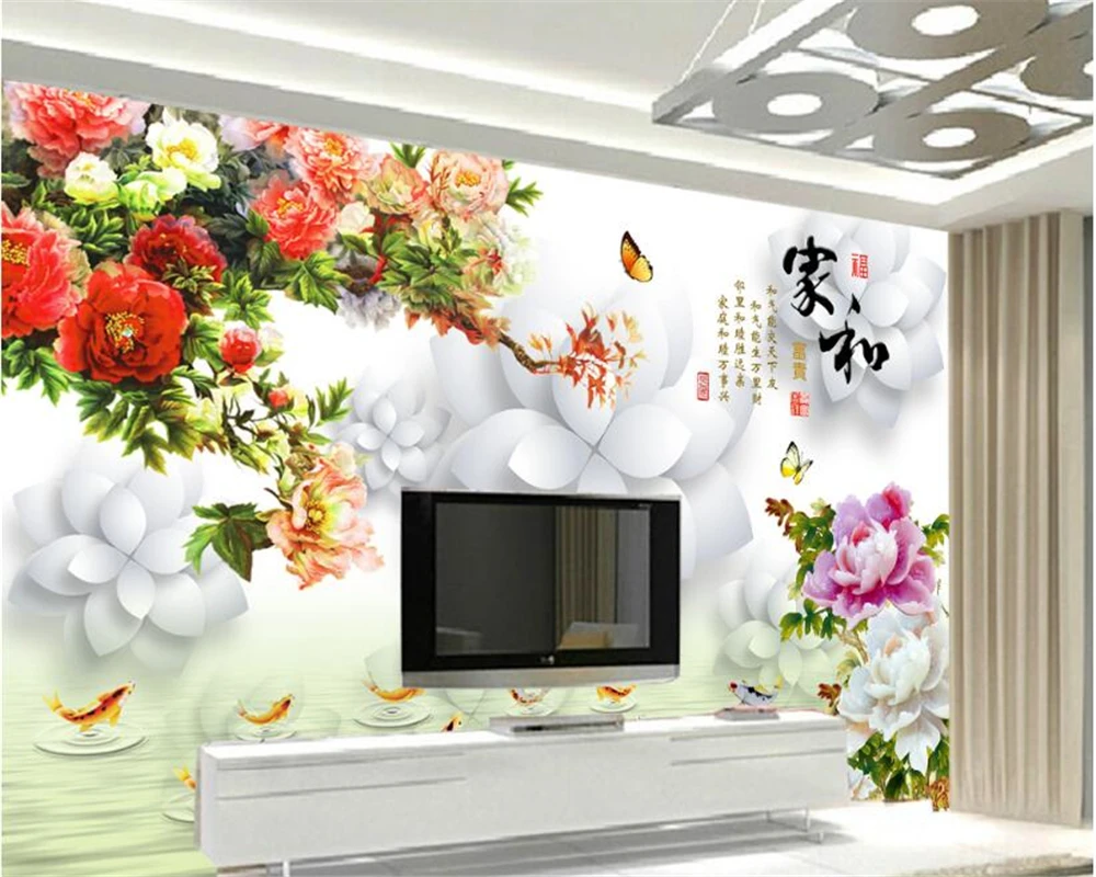 

beibehang Home and rich peony nine fish figure 3D aesthetic fashion advanced seductive stereo TV background wall papel de parede