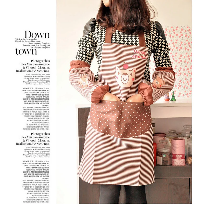 Polyester Kawaii  Adult Women Lady's Kitchen Cooking Pinafores  + Sleeve Set Aprons Kit Cartoon Bear Novelty Bib