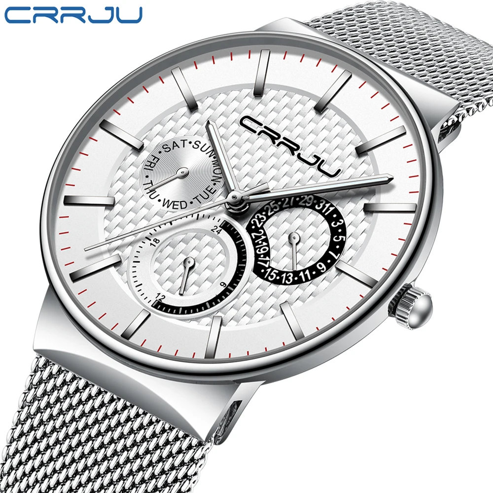 CRRJU Mens Watches Top Brand Luxury Waterproof Ultra Thin Date Clock Male Steel Strap Casual Quartz Watch White Sport WristWatch