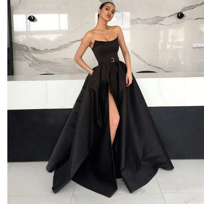 Sexy Black Satin Lange Prom Jurken 2020 Hoge Split Met Zakken Elegant Bourgondië Arabisch Vrouwen Formele Party Dress Avondjurken