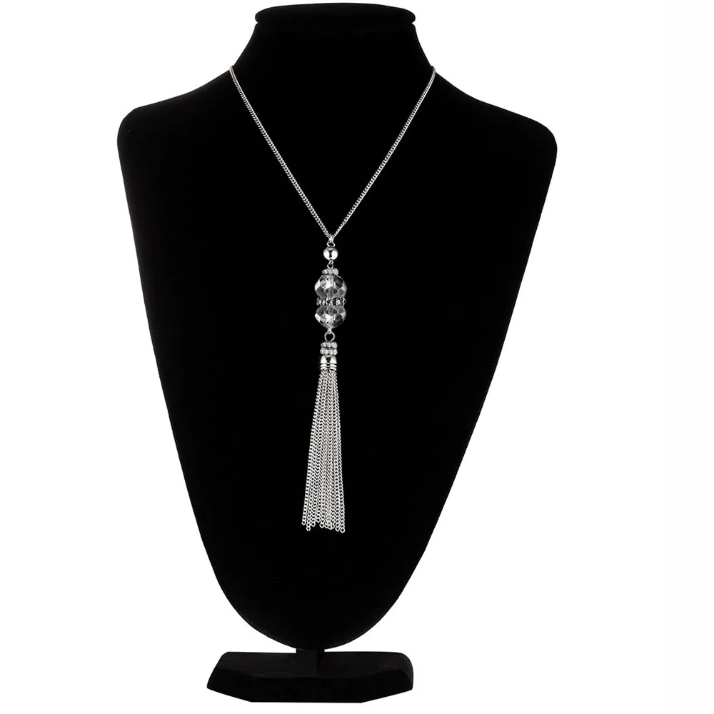 2024 New Crystal Bead Sweater Chain Necklace for Women Fashion Silver Color Tassel Pendant Long Necklace Statement Neck Jewelry