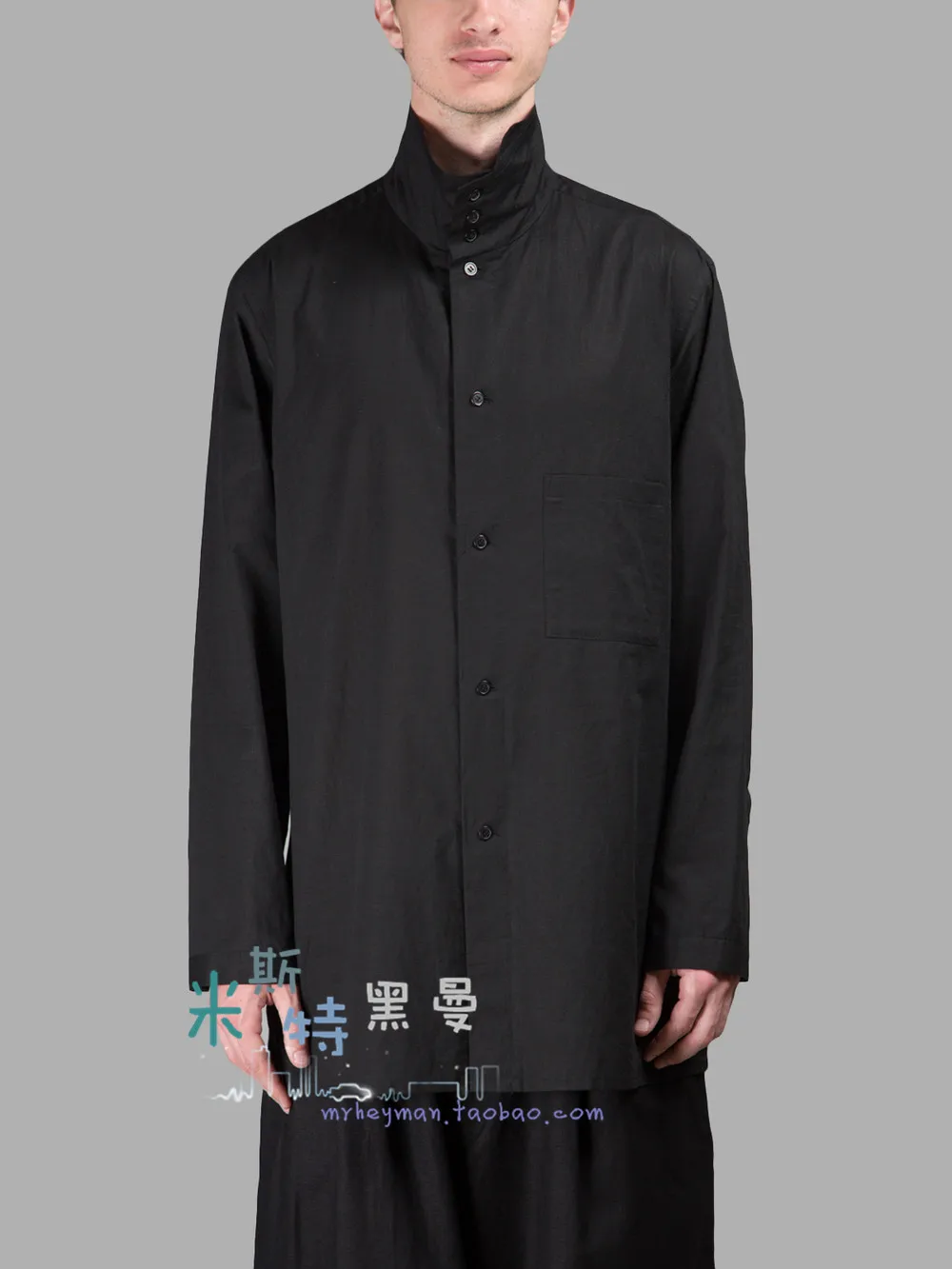 S-6XL!!Men's homemade style show dark high-necked side slit shirt front short back long loose shirt.