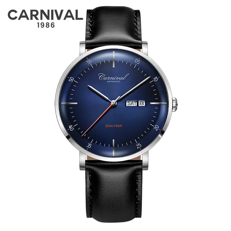 CARNAVAL Hoge kwaliteit MIYOTA automatisch horloge gebogen saffier mechanische horloges voor heren kalender leer waterdicht Montre Homme