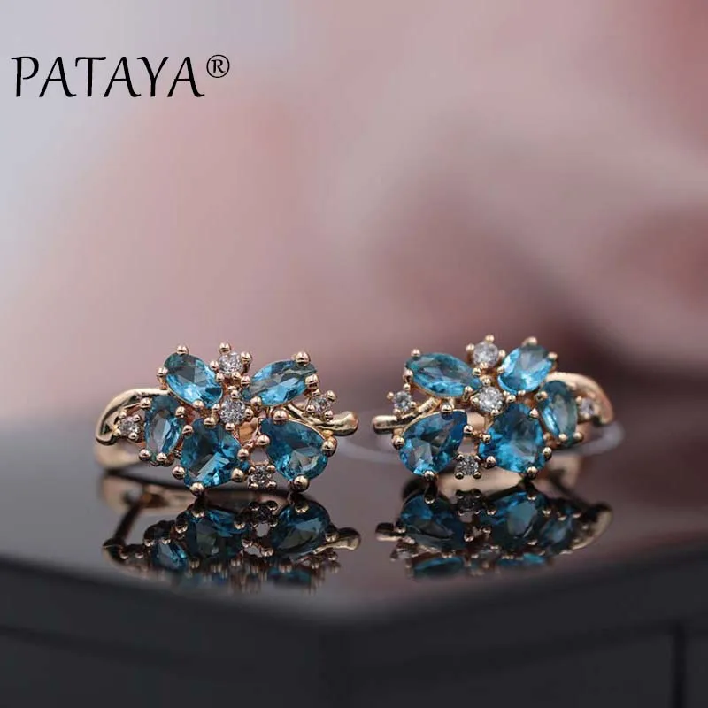 PATAYA Multi-Colored Blue Natural Zirconia Short Earrings 585 Rose Gold Color Exclusive Design Jewelry Women Luxury Earrings