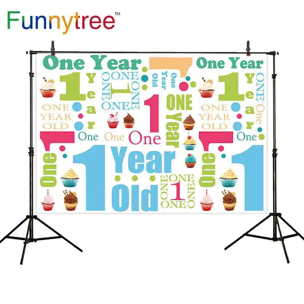 Фоны для фотосъемки Funnytree, цветные фоны для фотосъемки с повторяющимся текстом и изображением милого торта на один год, для новорожденных, на день рождения, Фотофон для фотосъемки