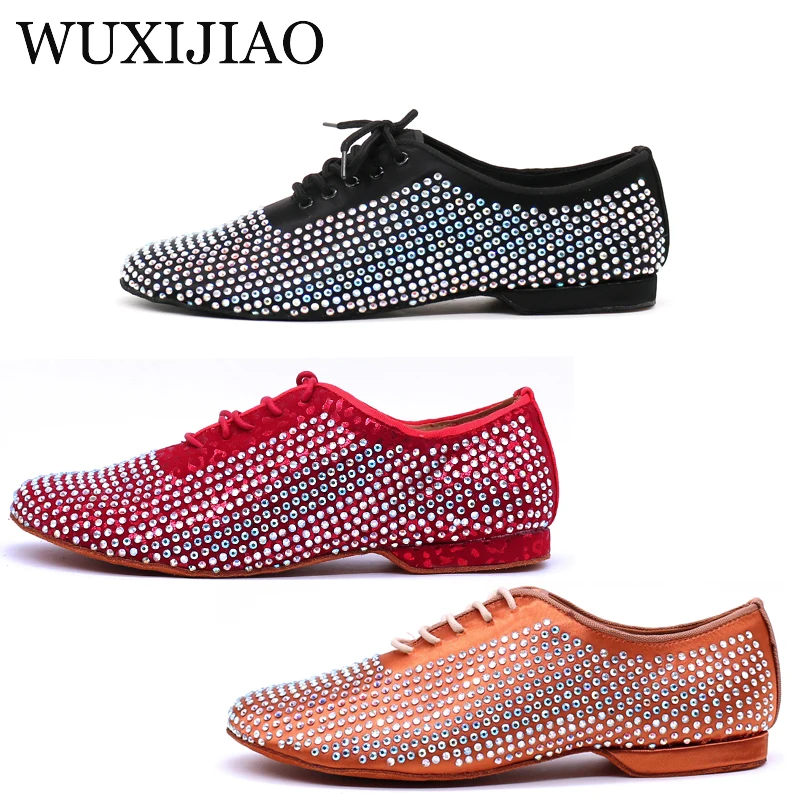 WUXIJIAO Latin Dance Shoes Men\'s Satin rhinestone Ballroom Dancing Shoes Men Soft Bottom Social Party Shoes Low Heel 2cm