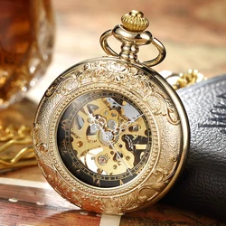 Reloj de bolsillo mecánico Retro Steampunk para hombre y mujer, accesorio con grabado láser de flor de bronce, caja de cadena Fob, con tapa, reloj esqueleto