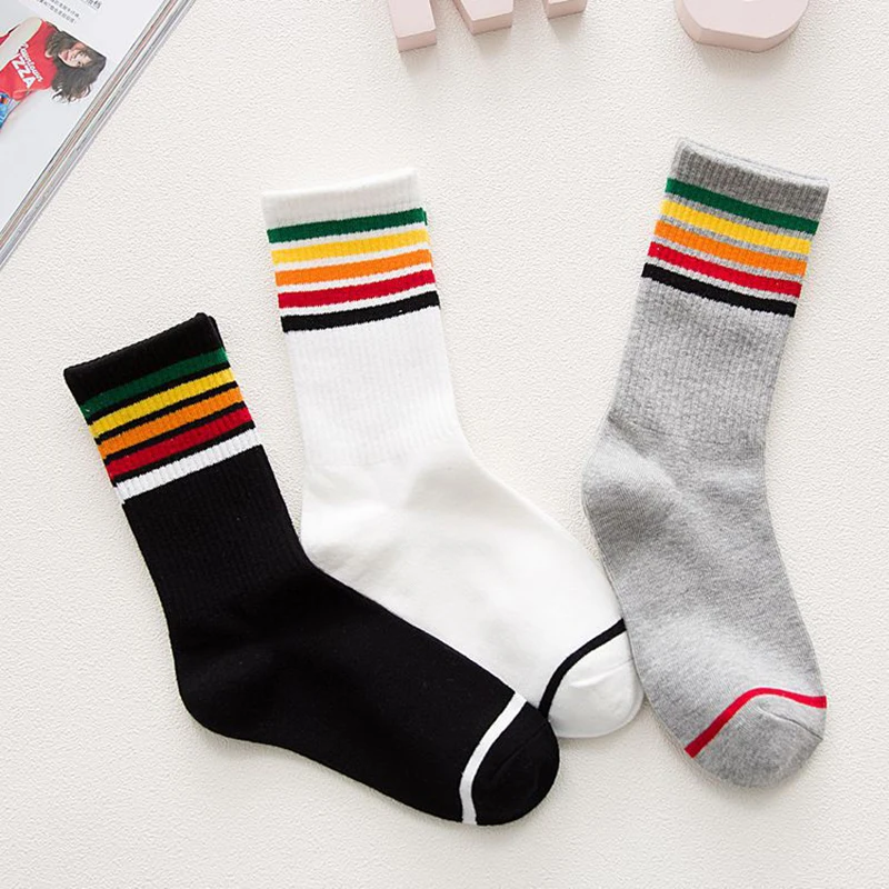 3 Pair/ Lot New Arrived Rainbow Colored Stripe Women Socks School Hiphop Funny Autumn Warm Soft Cotton Socks