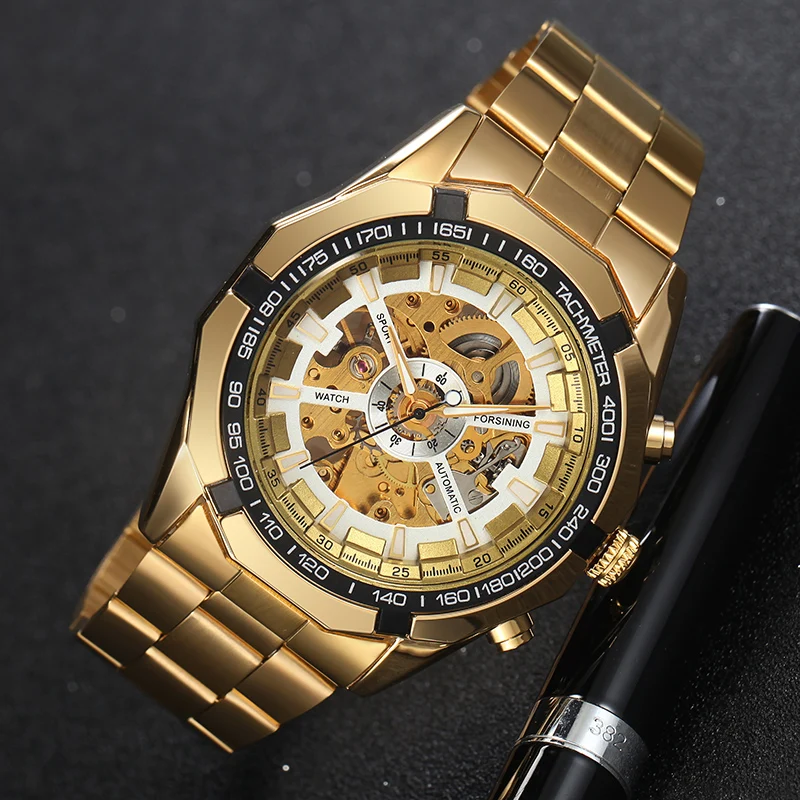 Luxury Brand WINNER Antique Skeleton Mechanical Watches Men Stainless Steel Golden Band Wristwatch Relogio Masculino