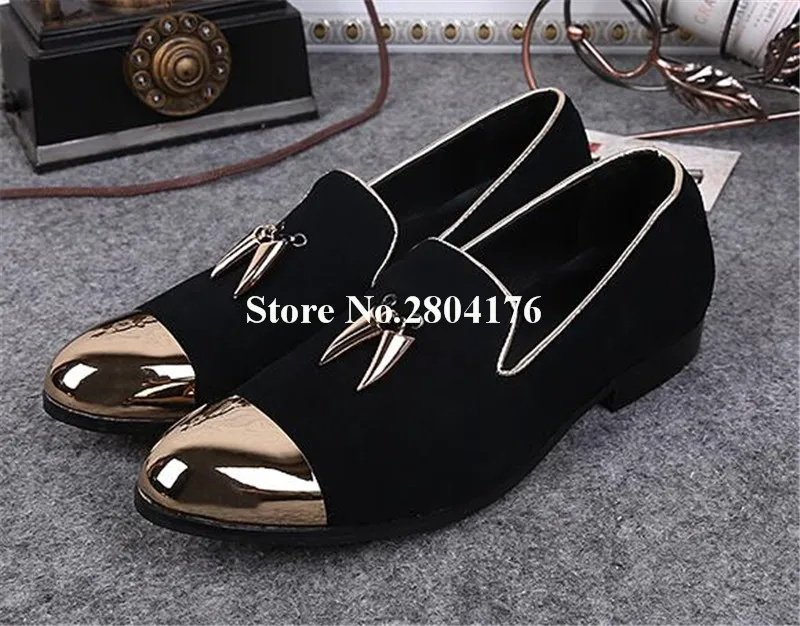 

Men Fashion Design Metal Gold Toe Black Suede Flat Leisure Shoes High Quality Slip-on Casual Shoes Nightclub Shoes