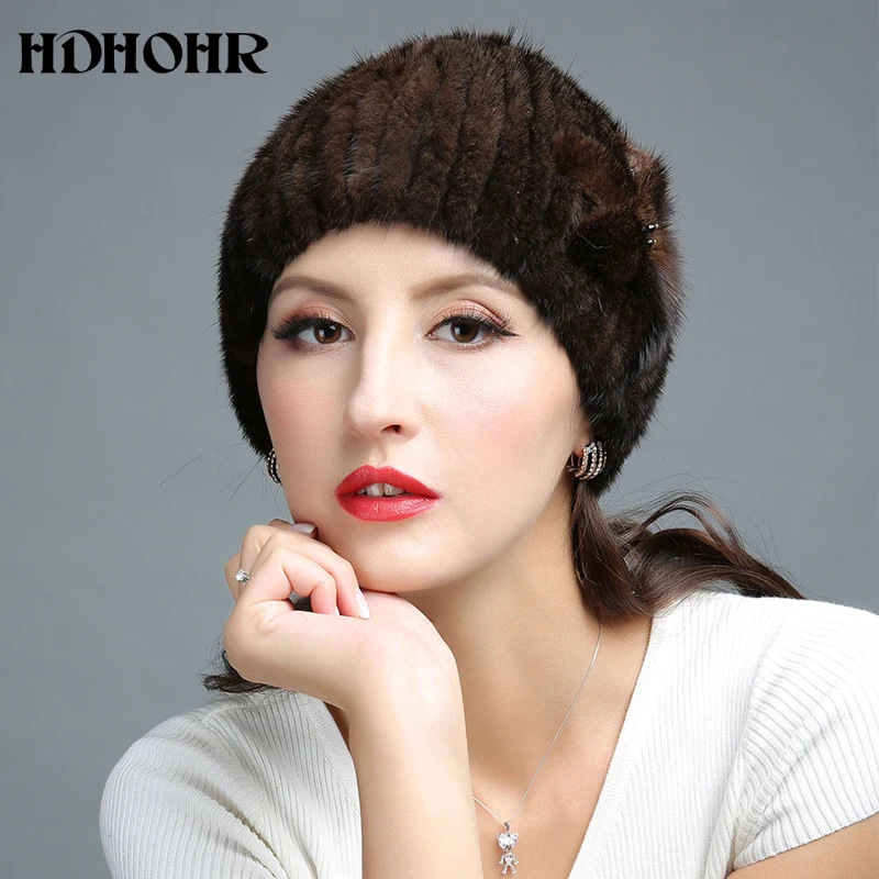 

HDHOHR 2020 New Fur Hat Winter Women Genuine Mink Fur Hat Flowers decorate Knitted Beanies Fashion Women Fur Caps