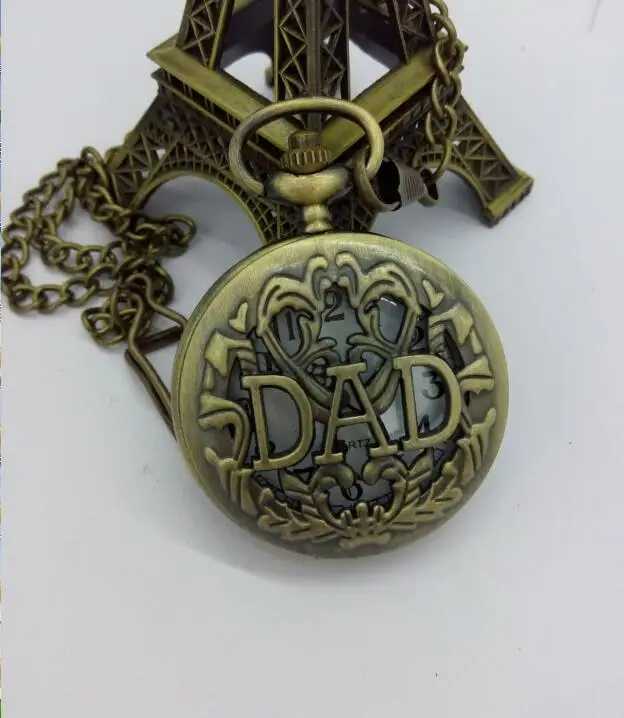 Antique DAD Pocket Watch Hollow Design Pendant Bronze FOB chainMens Happy Father's Day Gift Free Shipping