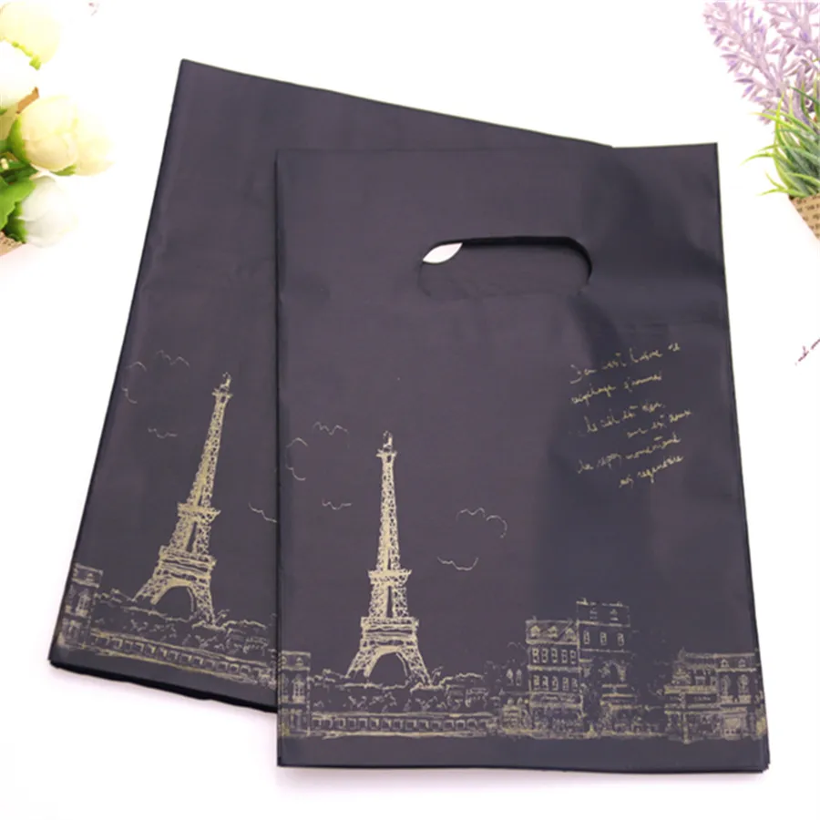 Wholesale 100pcs/lot 15*20cm Luxury Black Vintage Eiffel Tower Packing Bags Plastic Boutique Gift Packaging Bags