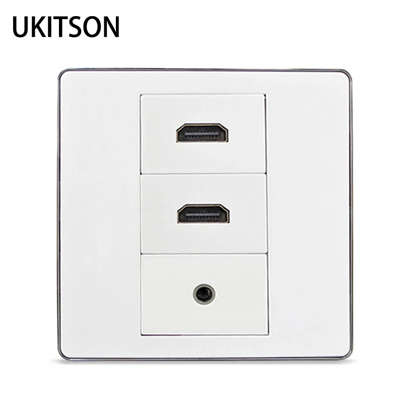 

2 Ports HDMI Wall Faceplate Panel With 3.5mm Audio Aux Jack Female HDMI2.0 Plug Face Plate Silver Edge Frame In White