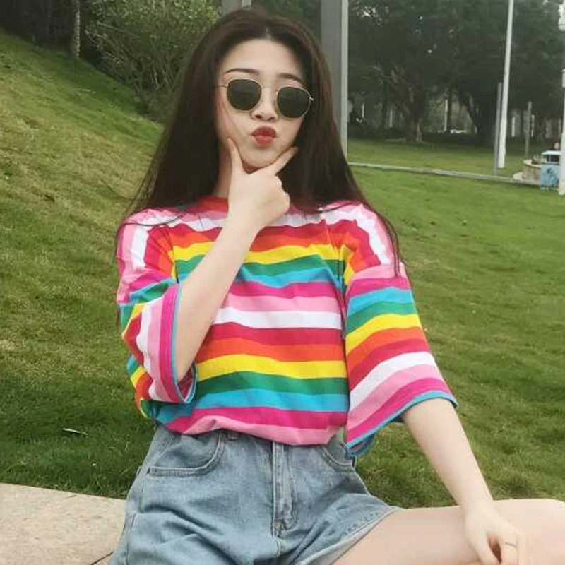 T Shirt Women Rainbow Striped Tops Harajuku Tshirt  Summer Short Sleeve Korean Punk T-shirt camiseta feminina топ image 3