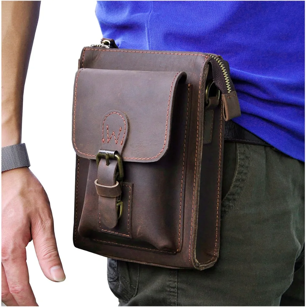 

Genuine Leather Men Multifunction Casual Design Small Messenger One Shoulder Crossbody Bag Waist Belt Bag Phone Pouch 6402