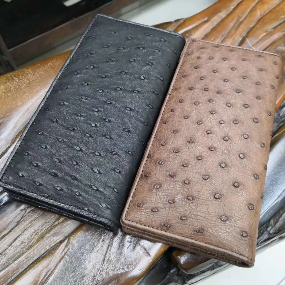 High End Soft 100% Genuine ostrich skin leather long size men wallets and purse bank credit card holder black brown ostrich