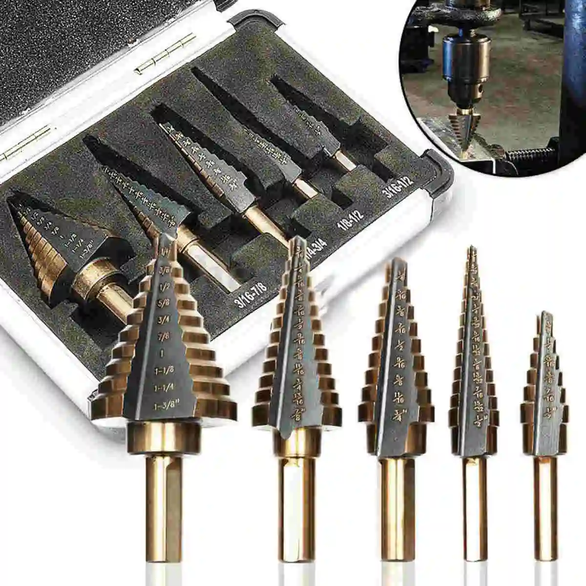 5pcs HSS Large Cobalt Hole Titanium Cone Step Drill Bit Cutter Set Tools w/ Case